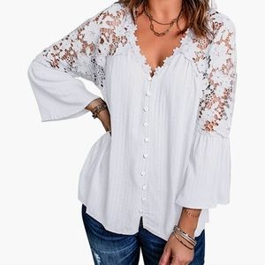 White Womens Elegant V Neck Lace Tops Long Lantern Sleeve Fall Chiffon Blouses